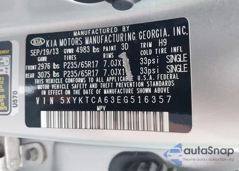 2014 Kia Sorento Lx из США, поврежденный, VIN 5XYKTCA63EG516357